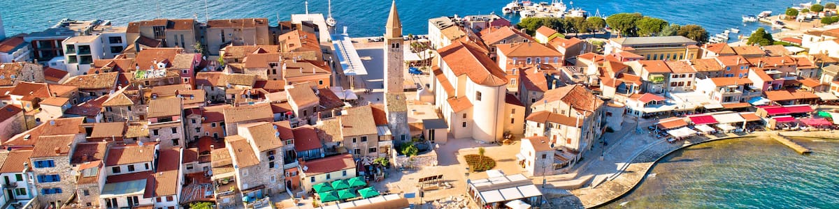 Town of Umag historic coastline architecture aerial view