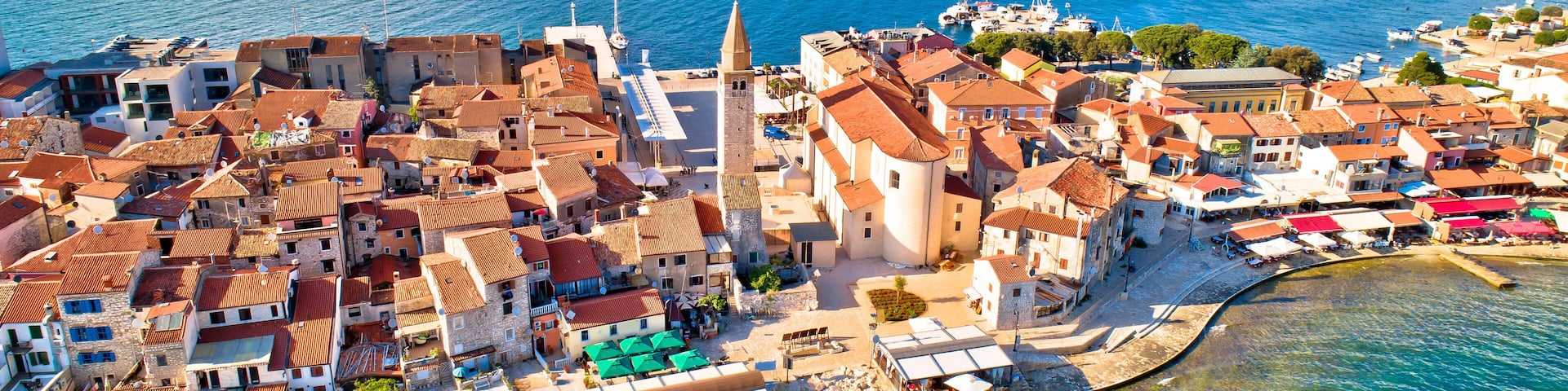 Town of Umag historic coastline architecture aerial view