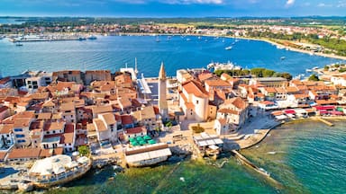 Un pueblo costero con edificios históricos, una torre destacada y un puerto deportivo con barcos.