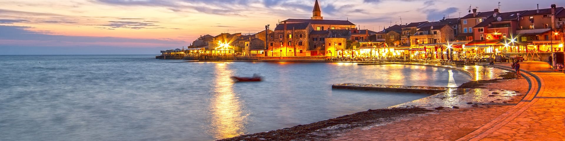 Umag town, on Istria peninsula, Adriatic Sea, in Croatia at dusk