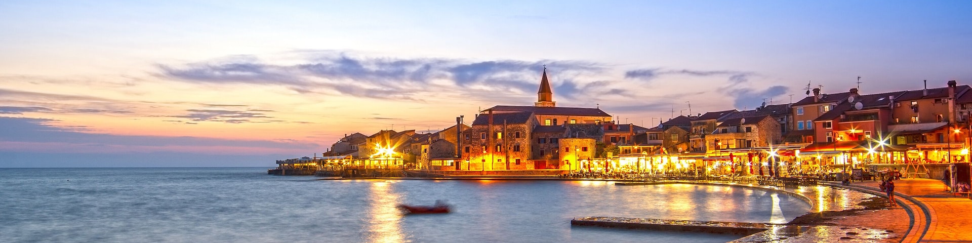 Umag town, on Istria peninsula, Adriatic Sea, in Croatia at dusk