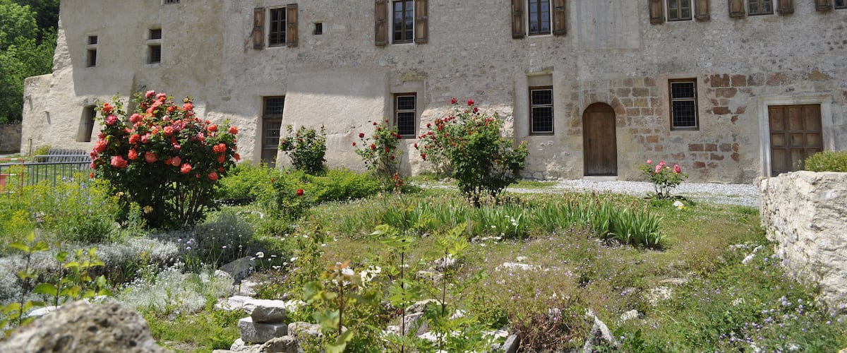 A stone building with wooden shutters and a garden with red flowers.