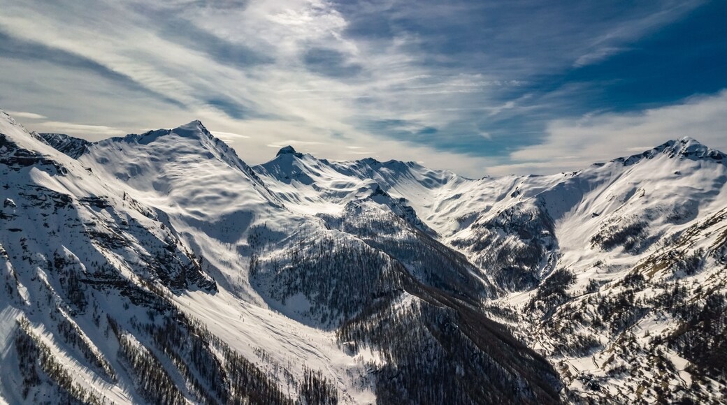 A panoramic drone view of the Alps
