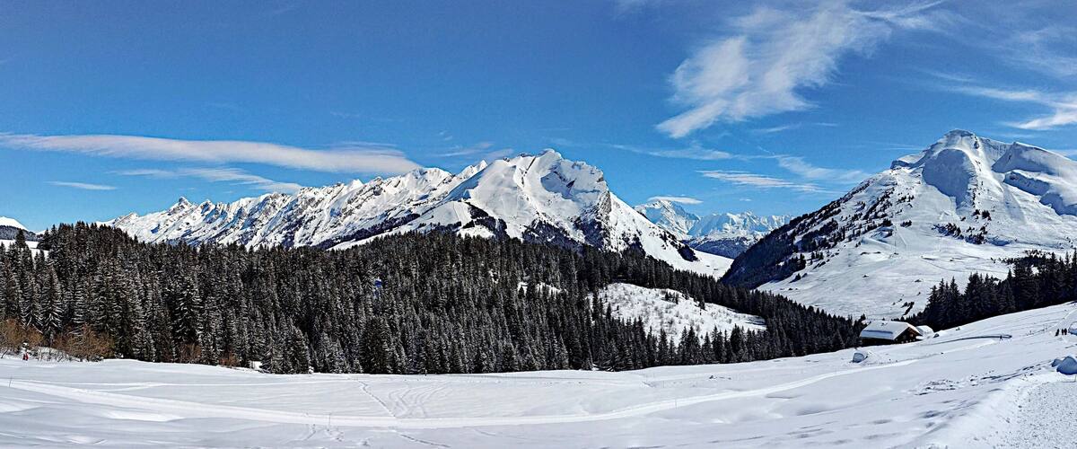A snow-covered mountain range with a clear sky.
