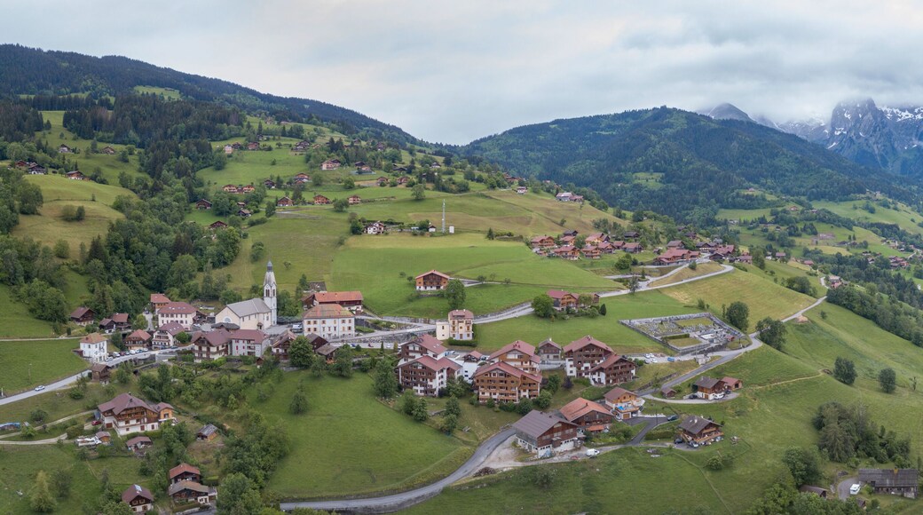 Alps panorama, scenic view of mountains and village