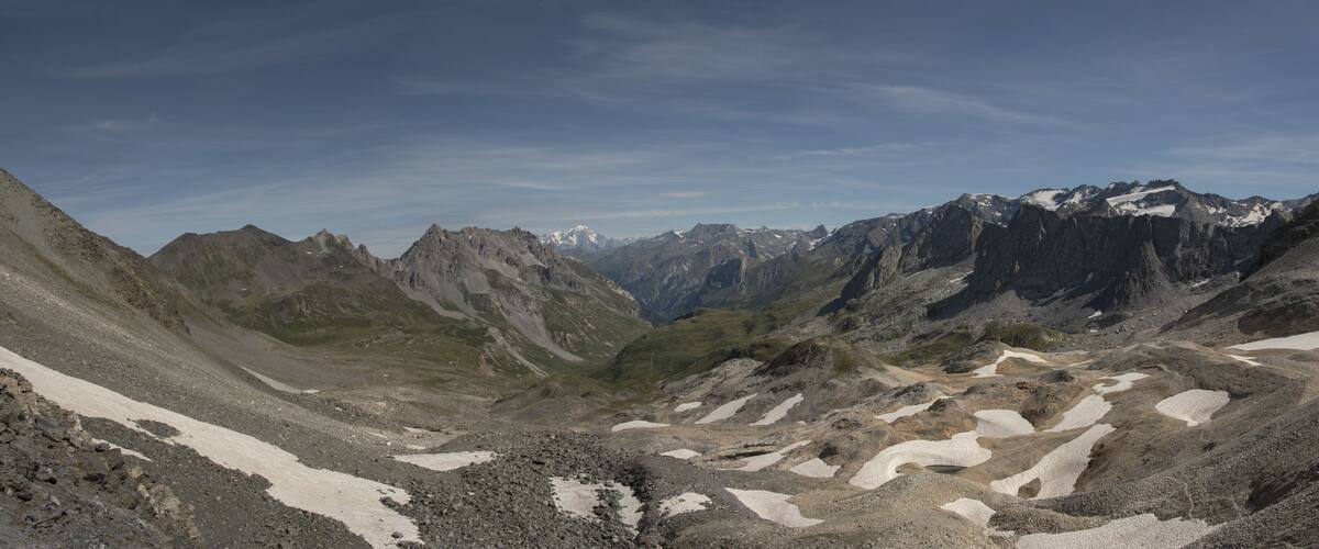 beautiful panoramic view of the Chaviere pass with the Mont Blanc in the distance.