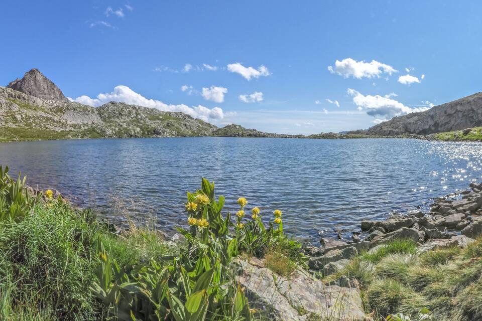 Um lago montanhoso rodeado por terreno rochoso e vegetação escassa.