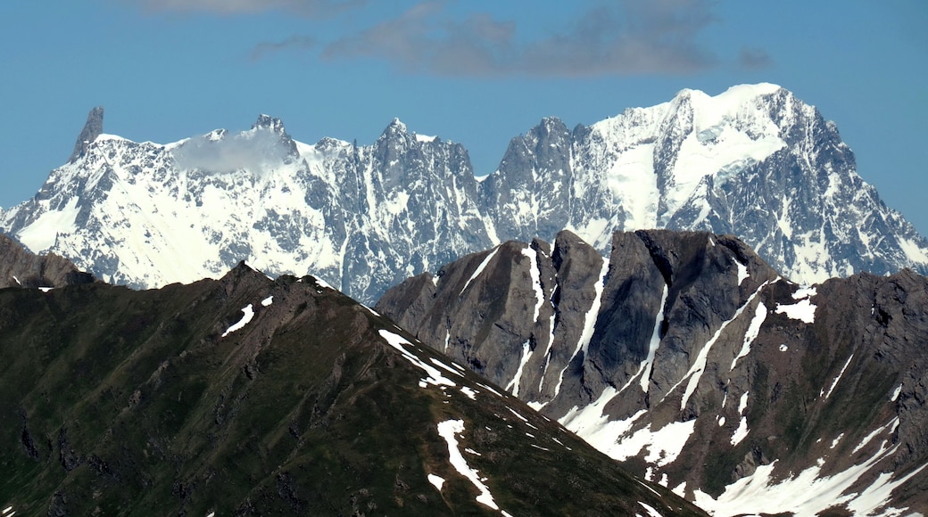 The Grandes Jorasses mountain chain with Dente Gigante (a giant tooth) 4105 m left and right Point Walker 4208 m