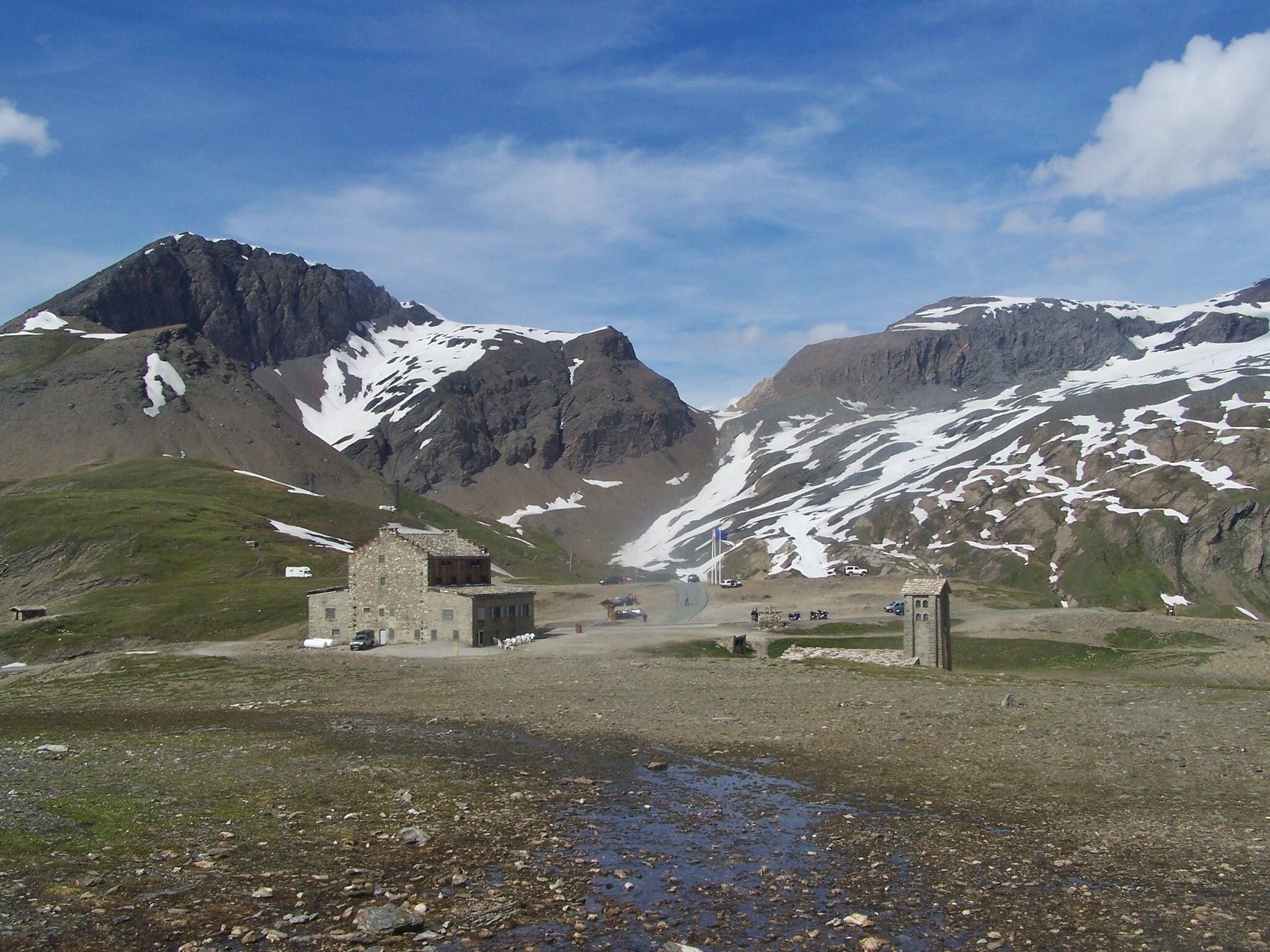 Panoramic sight of the col de l'Iseran pass (2,764 meters high) between Bonneval-sur-Arc (right) and Val d'Isère (left), in Savoie, France.