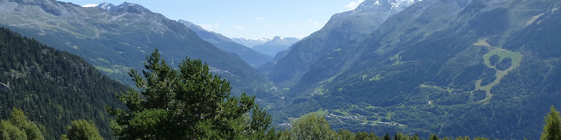 Un valle con montañas, árboles y un cielo despejado.