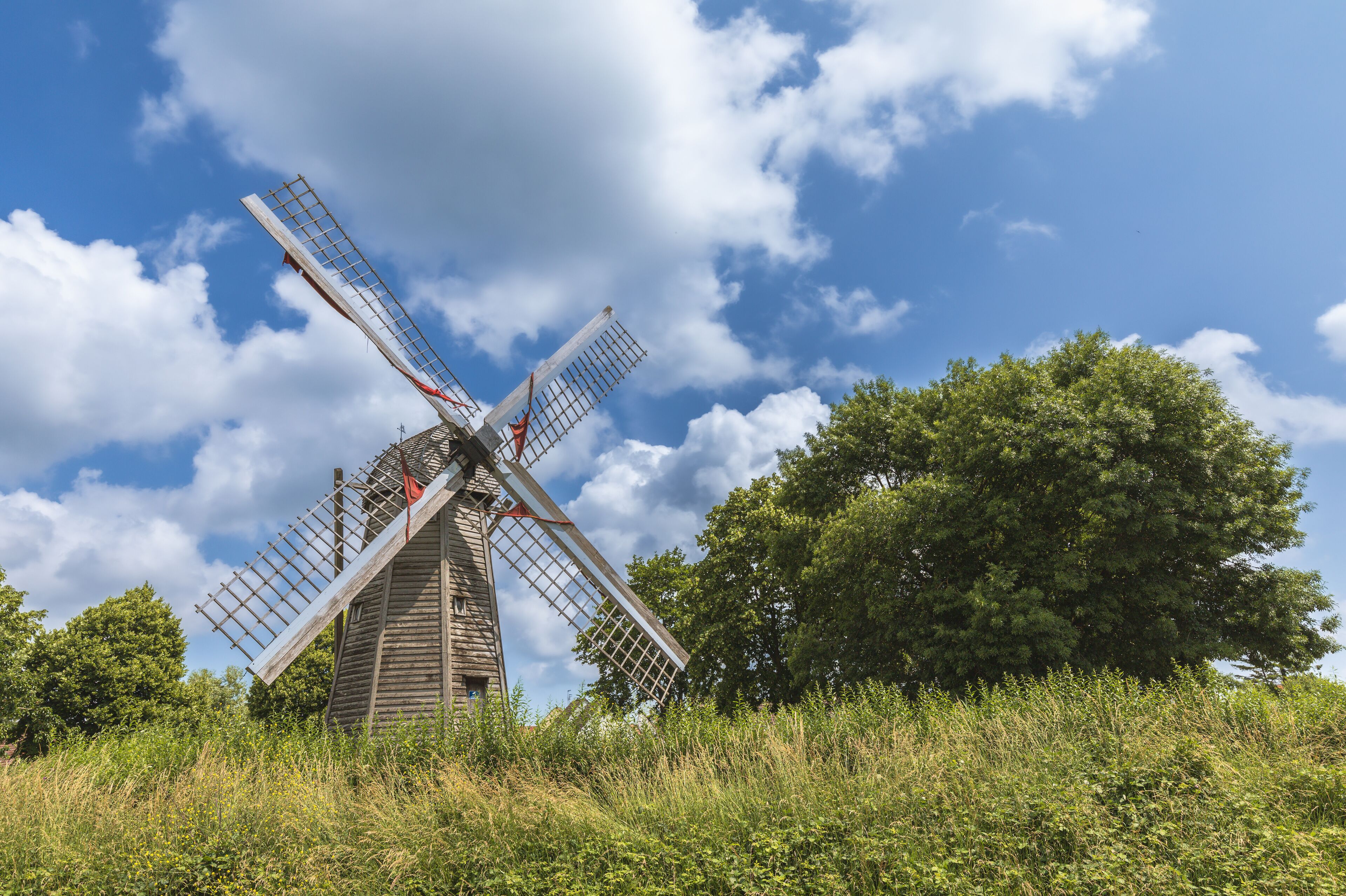 A traditional windmill with wooden structure and metal blades, surrounded by lush greenery and a clear blue sky.