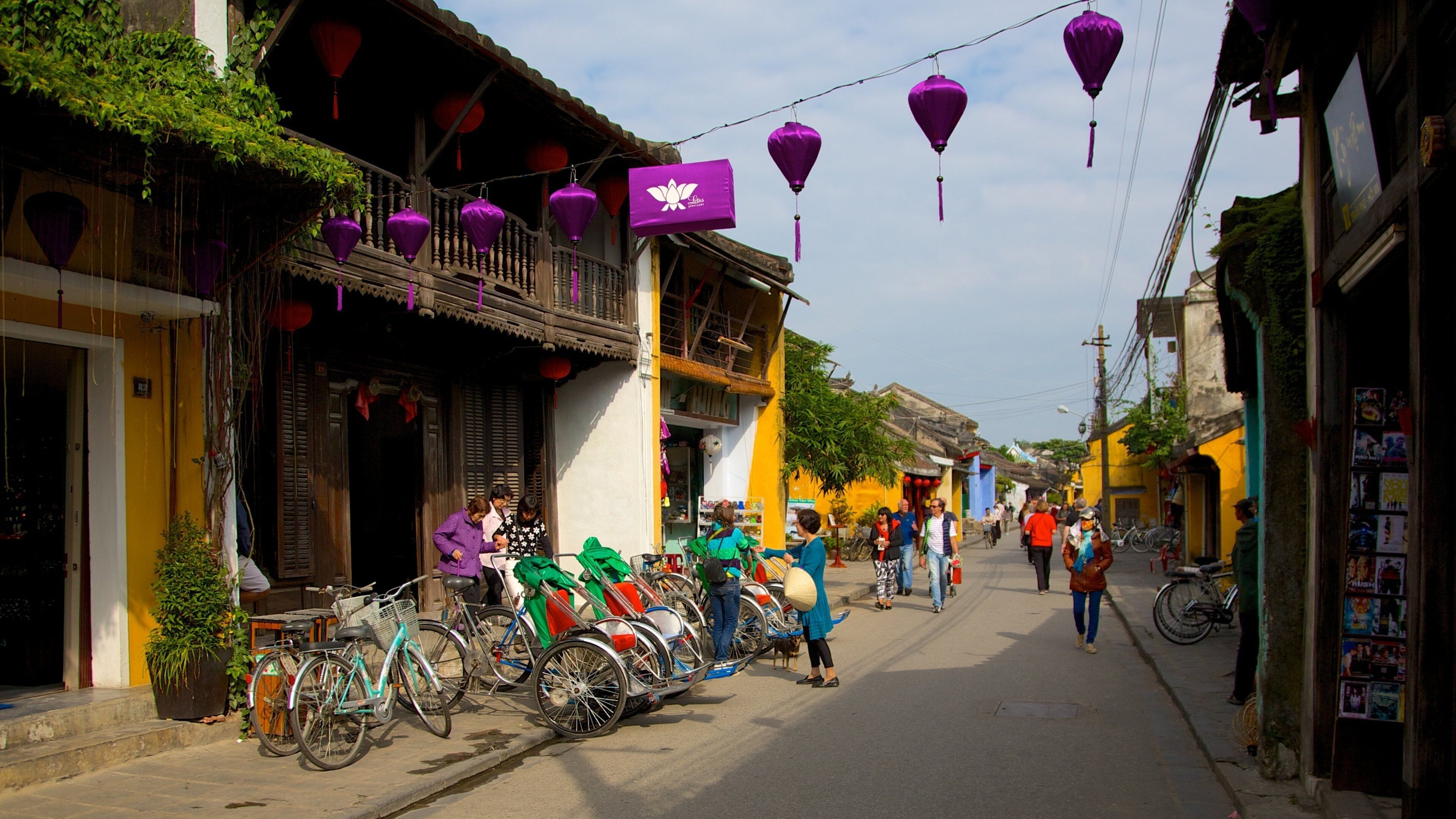 A street with bicycles parked on the side, traditional buildings, and purple lanterns.