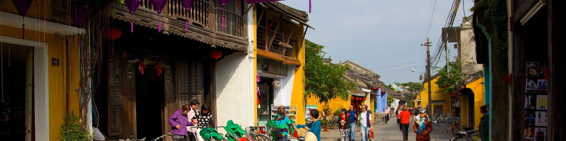 Una calle con bicicletas estacionadas al costado, edificios tradicionales y faroles morados.