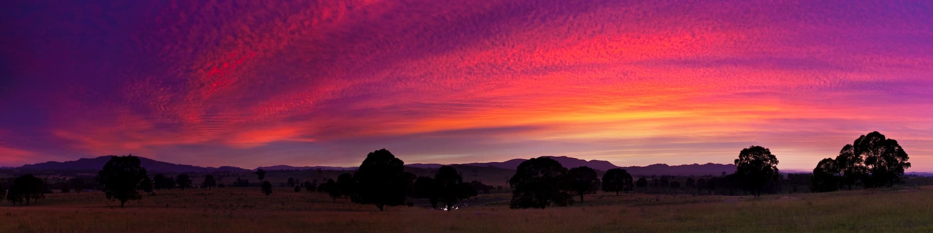 A sunset over a grassy field with trees and distant hills.