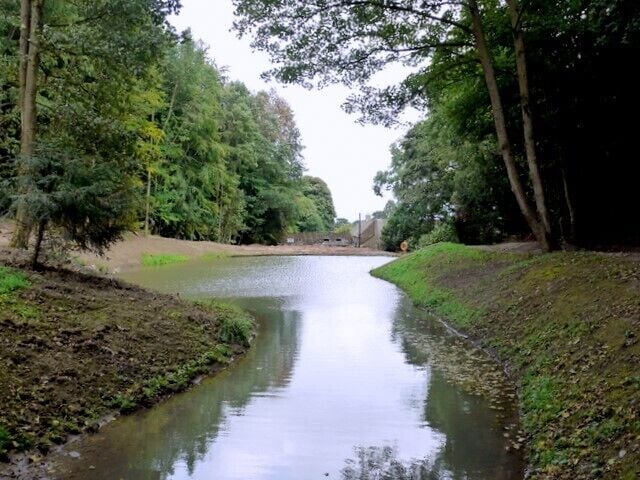Un río tranquilo bordeado por árboles frondosos y riberas cubiertas de hierba.