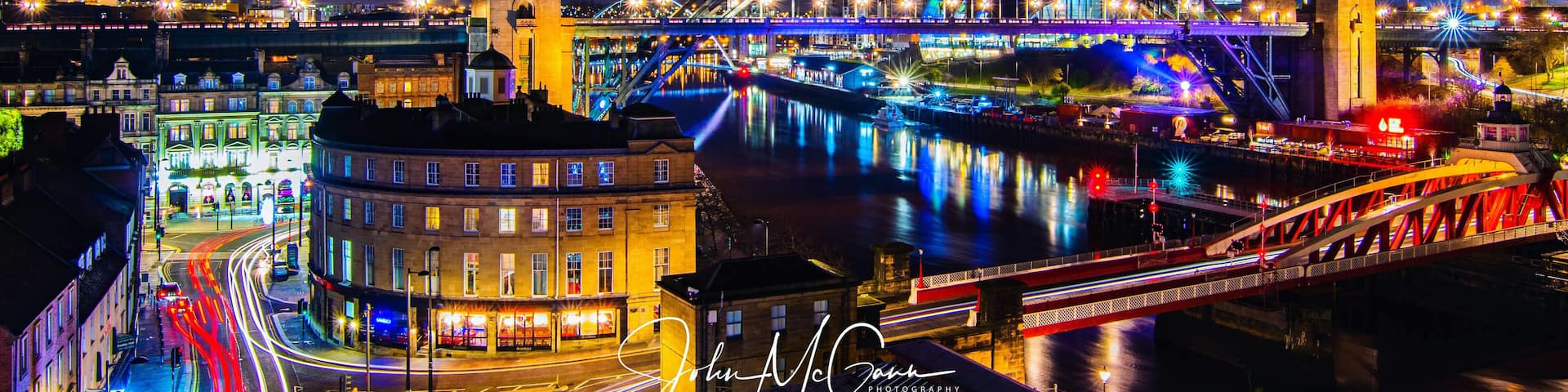 Bright lights and bridges.
Newcastle skyline at night.
