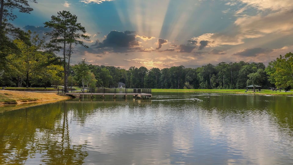 A serene lake with a wooden dock, surrounded by lush greenery and a cloudy sky.