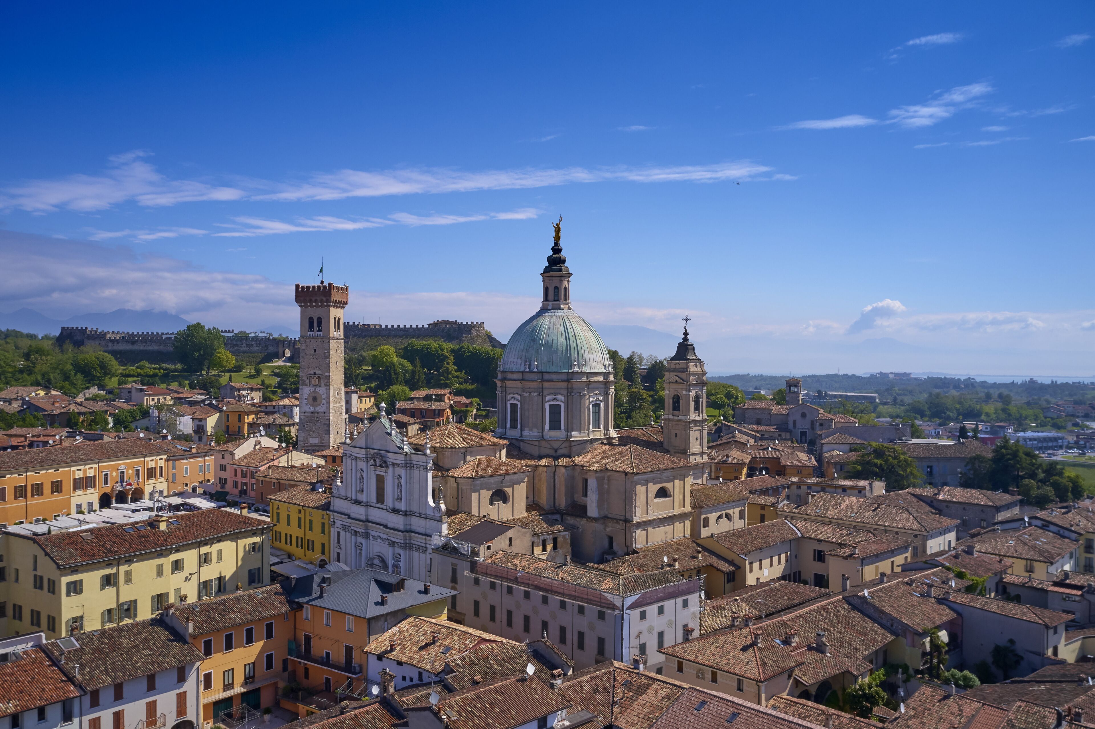 Aerial photography with drone. Church Parrocchia della Nativita di San Giovanni Battista on the mountain in the city of Lonato, Italy