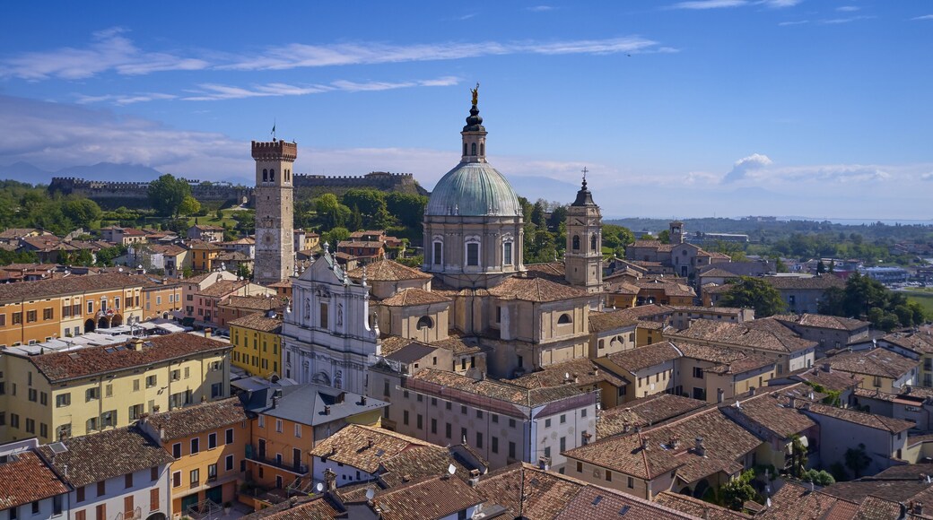 Aerial photography with drone. Church Parrocchia della Nativita di San Giovanni Battista on the mountain in the city of Lonato, Italy