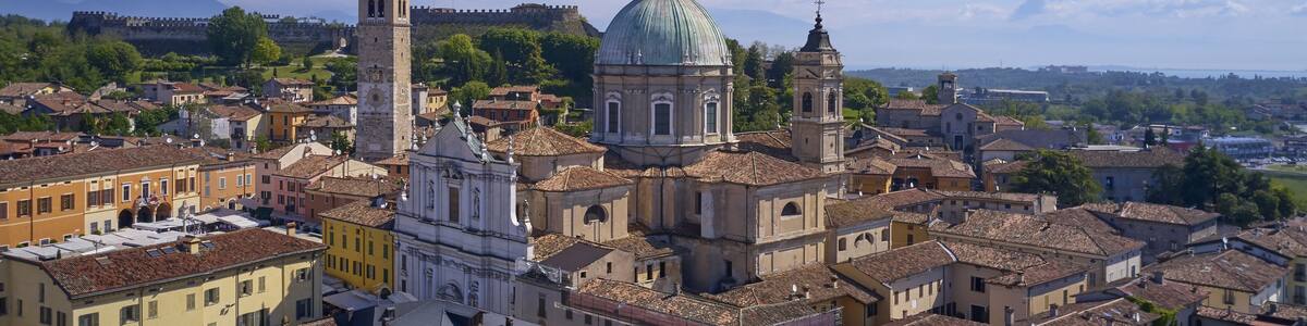 Aerial photography with drone. Church Parrocchia della Nativita di San Giovanni Battista on the mountain in the city of Lonato, Italy