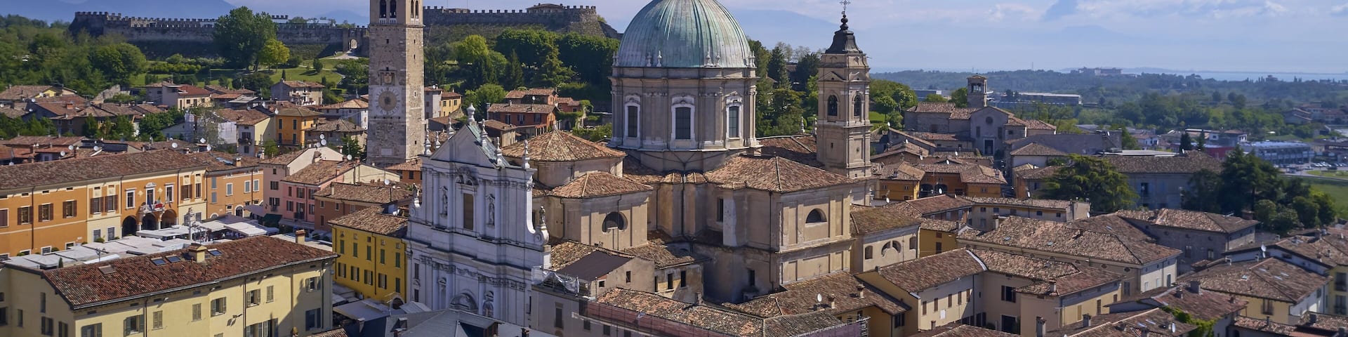Aerial photography with drone. Church Parrocchia della Nativita di San Giovanni Battista on the mountain in the city of Lonato, Italy