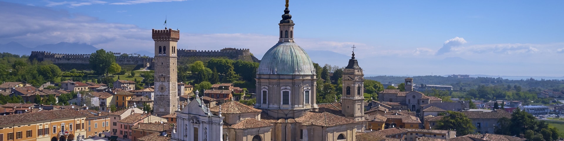 Aerial photography with drone. Church Parrocchia della Nativita di San Giovanni Battista on the mountain in the city of Lonato, Italy