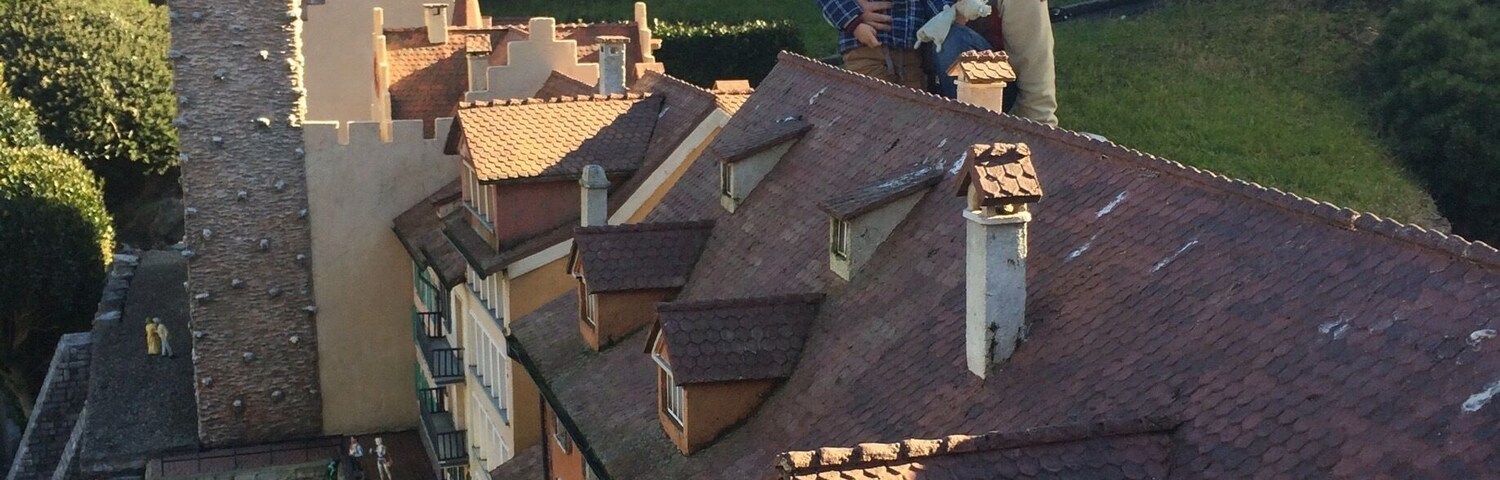 Un pueblo histórico con una torre destacada, calles empedradas y un castillo al fondo.