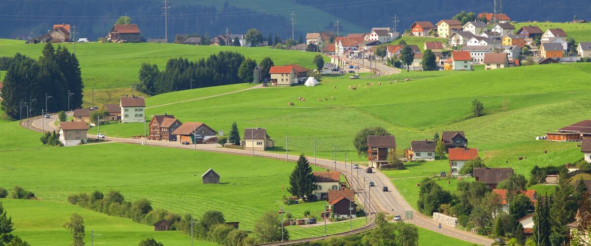 Un village rural avec des champs verdoyants, des maisons et une route sinueuse.