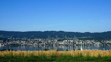 A lake surrounded by a town and forested hills.