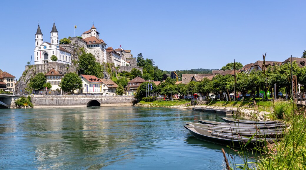 Aarburg city on the river Aare with church, fortress and boats panorama in Switzerland