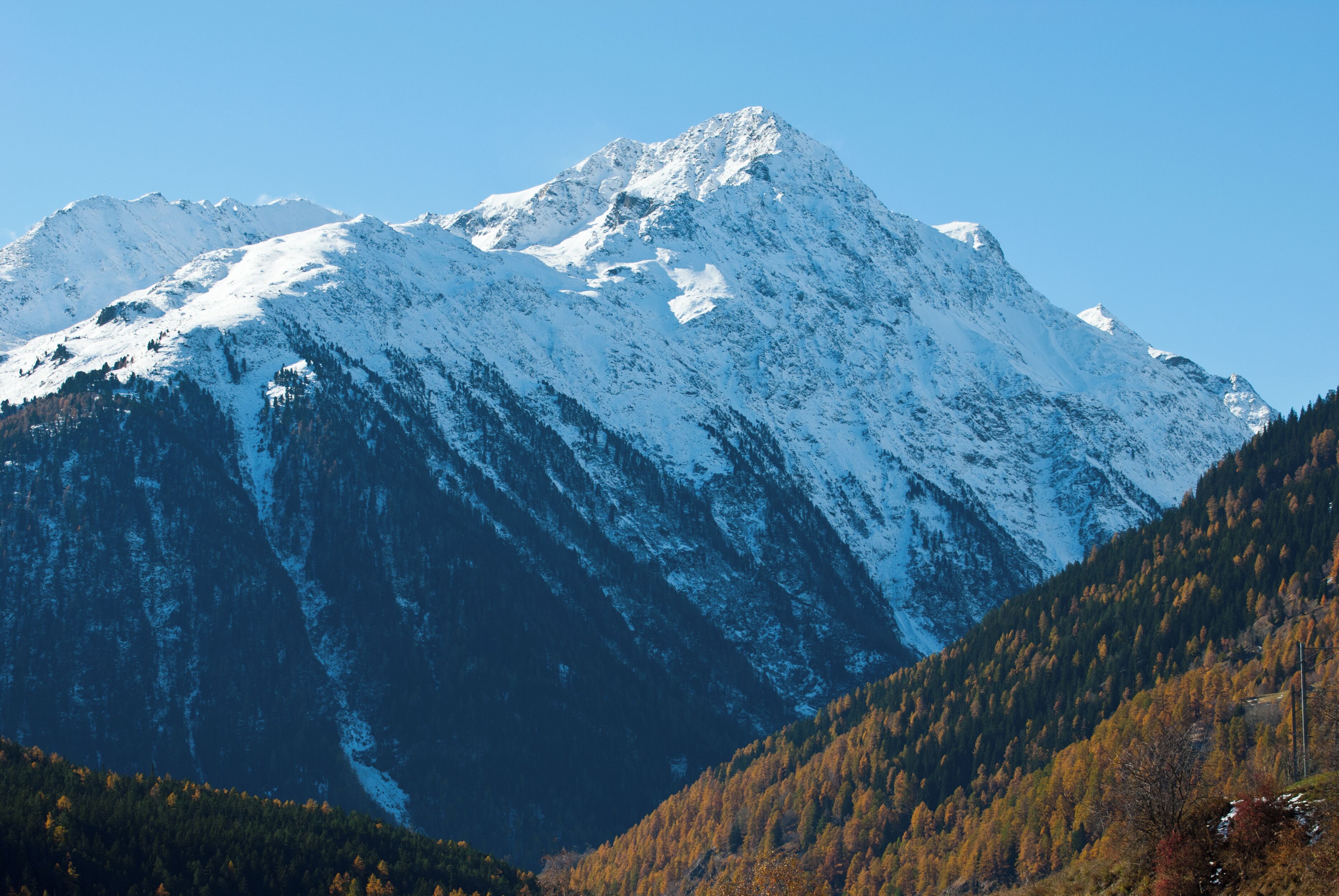 A snow-covered mountain with a forested valley.