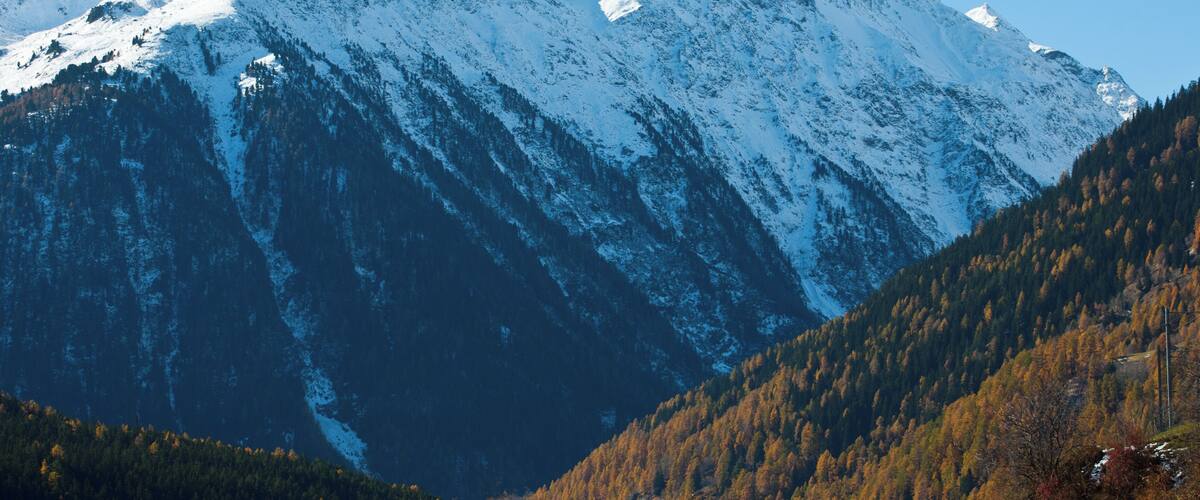 A snow-covered mountain with a forested valley.