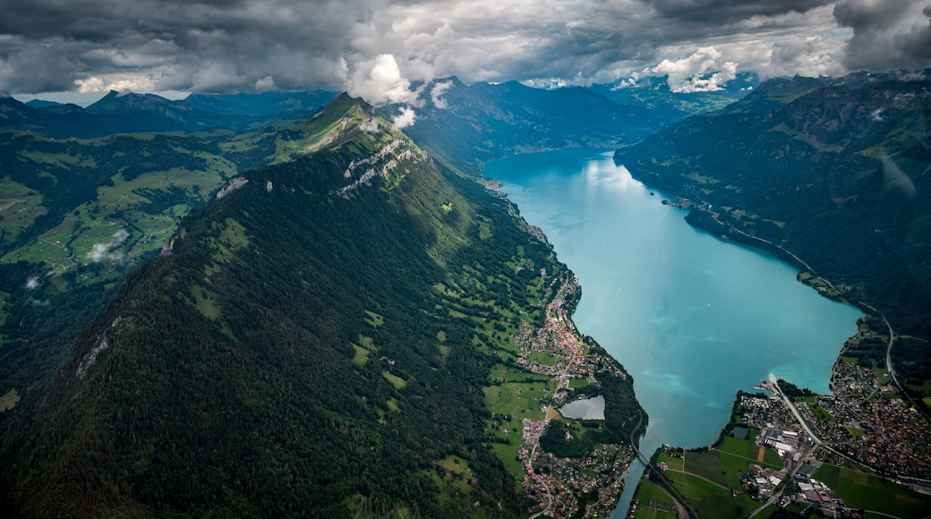 aerial view of Lake Brienz with Harder, Interlaken, Bönigen, Ringgenberg and Augustmatthorn in the Bernese Alps seen from a helicopter