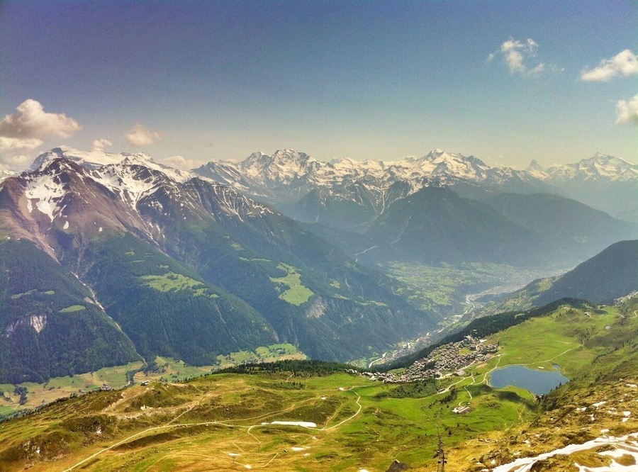 #TroveOn
A stunning view of the Swiss Alps from the Bettmerhorn (2,858m), accessible by a cable car from the quaint town of Fiesch, and an hour or so hiking, including a 100m climb up a sketchy rock pile that essentially makes up the Bettmerhorn "peak." 
As sketchy as the final ascent may appear, I 100% recommend it. As you can see (although the picture is nowhere near as incredible as the real thing), the view is pretty spectacular.