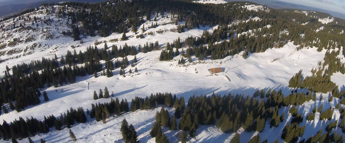 Le Noirmont, a mountain of the Jura, located north of Saint-Cergue in the canton of Vaud. Aerial view from the south.