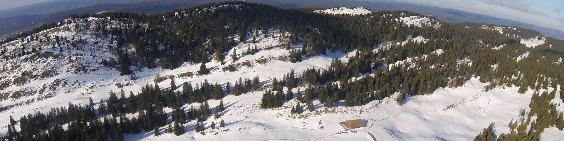 Le Noirmont, a mountain of the Jura, located north of Saint-Cergue in the canton of Vaud. Aerial view from the south.