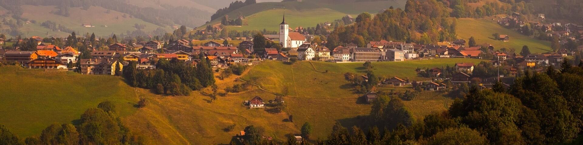 The route du Motélon offers an amazing view over the small village of Charmey, including some of the nearby mountains
