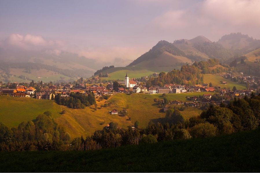 The route du Motélon offers an amazing view over the small village of Charmey, including some of the nearby mountains