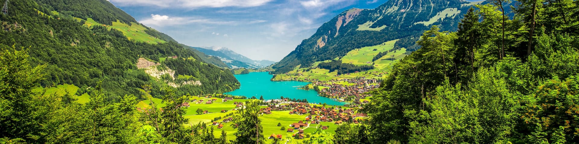 Lake Lungern with Swiss Alps and stunning valley from Brunig Pass, Switzerland