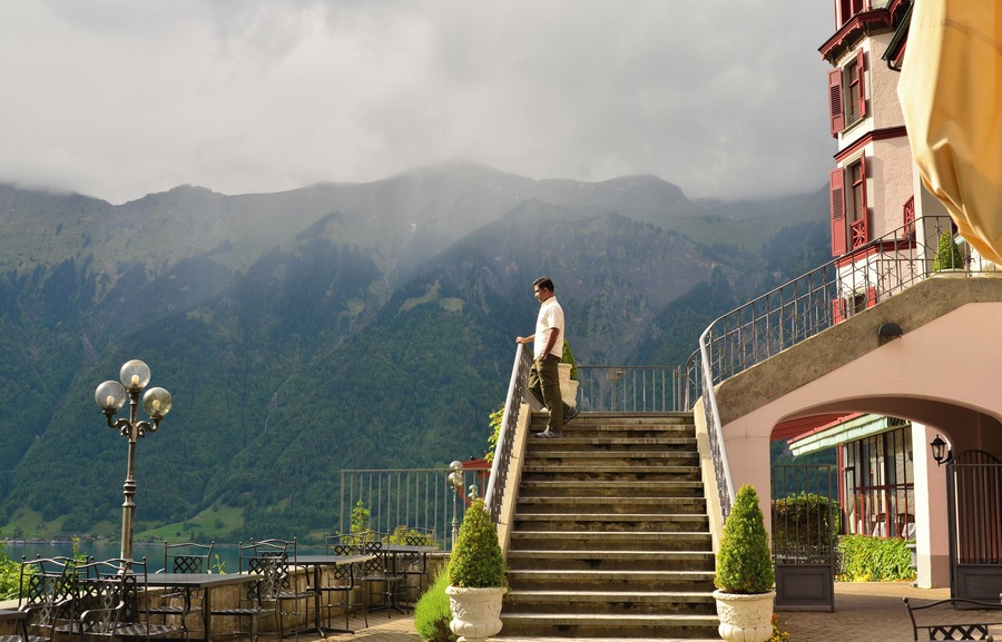 A stay at the Giessbach hotel in Giessbach Switzerland was truly a sight.  The majestic mountains and lake to one side and a towering waterfall to the other side made it a sight for the senses.  This shot was taken by self with a timer and a tripod.  #Adventure