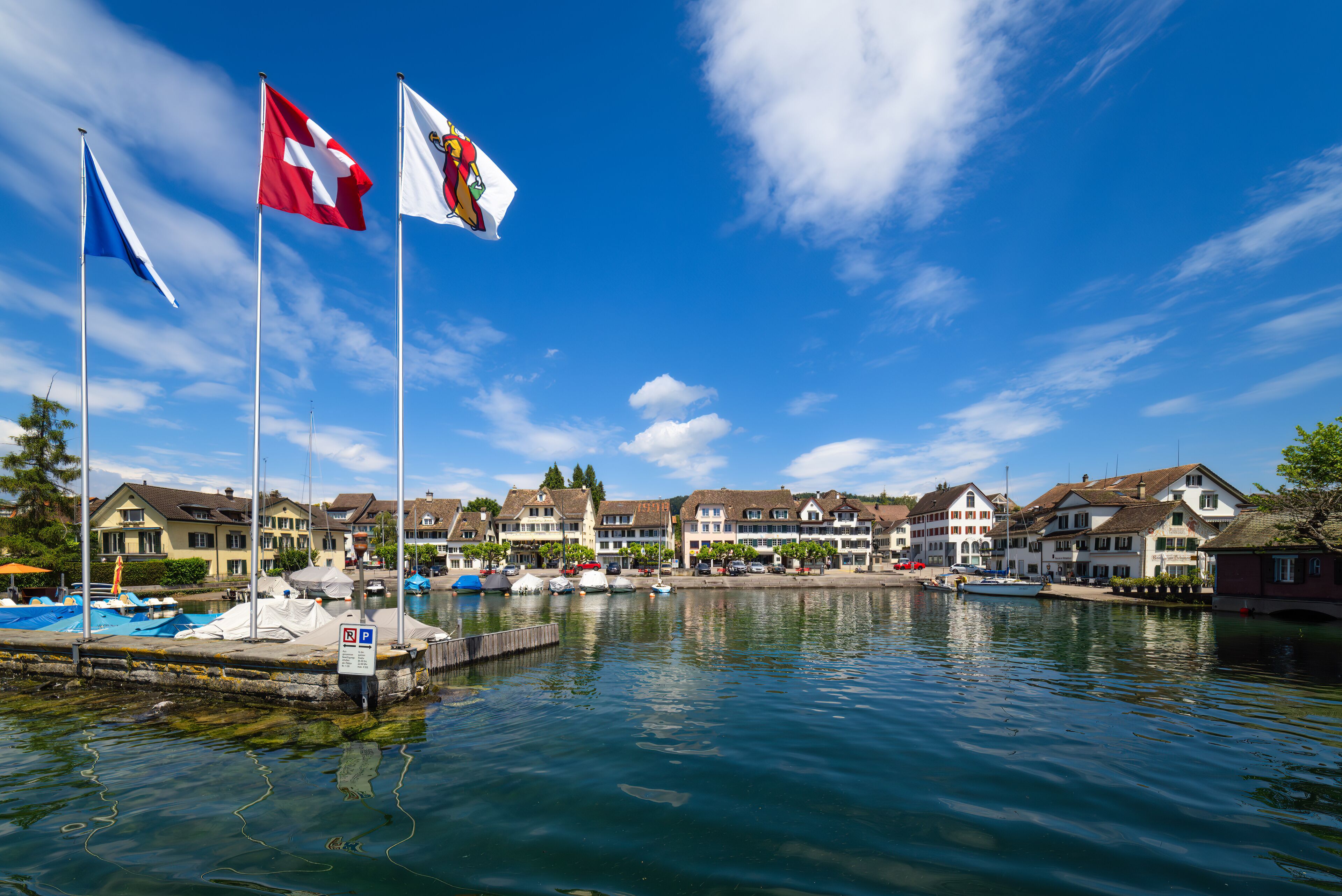 A marina with flags, boats, and houses by the water.