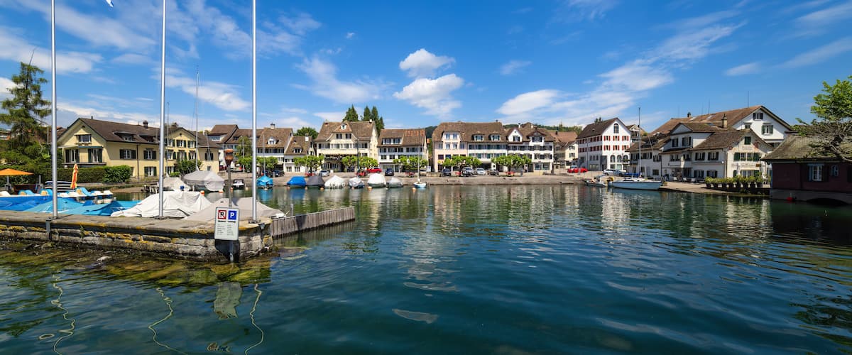 A marina with flags, boats, and houses by the water.
