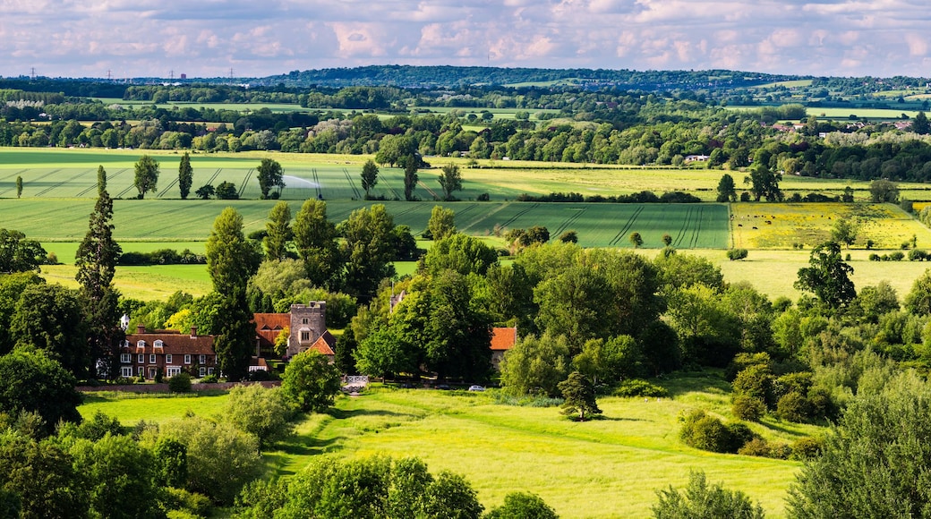 A rural landscape with fields, a river, and a manor house.
