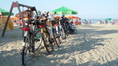 vecchie e nuove biciclette parcheggiate sulla spiaggia,in una calda giornata estiva