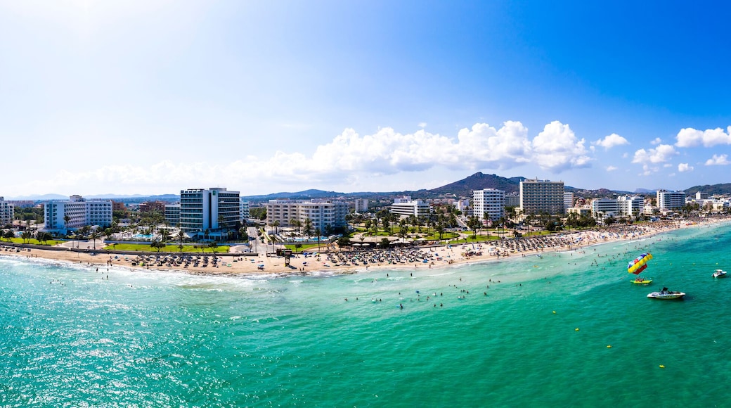 Spain, Balearic Islands,?Cala?Bona, Aerial panorama of coastline of resort town in summer