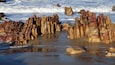 A rocky shoreline with tall, columnar rock formations.