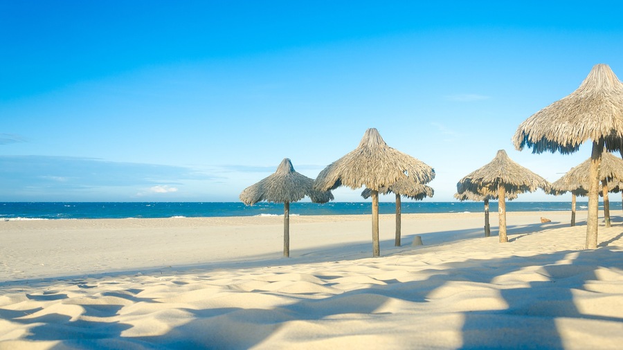 Many sun umbrellas at the beach sand