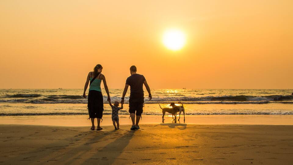 A sunset over the ocean with a family and a dog walking on the beach.