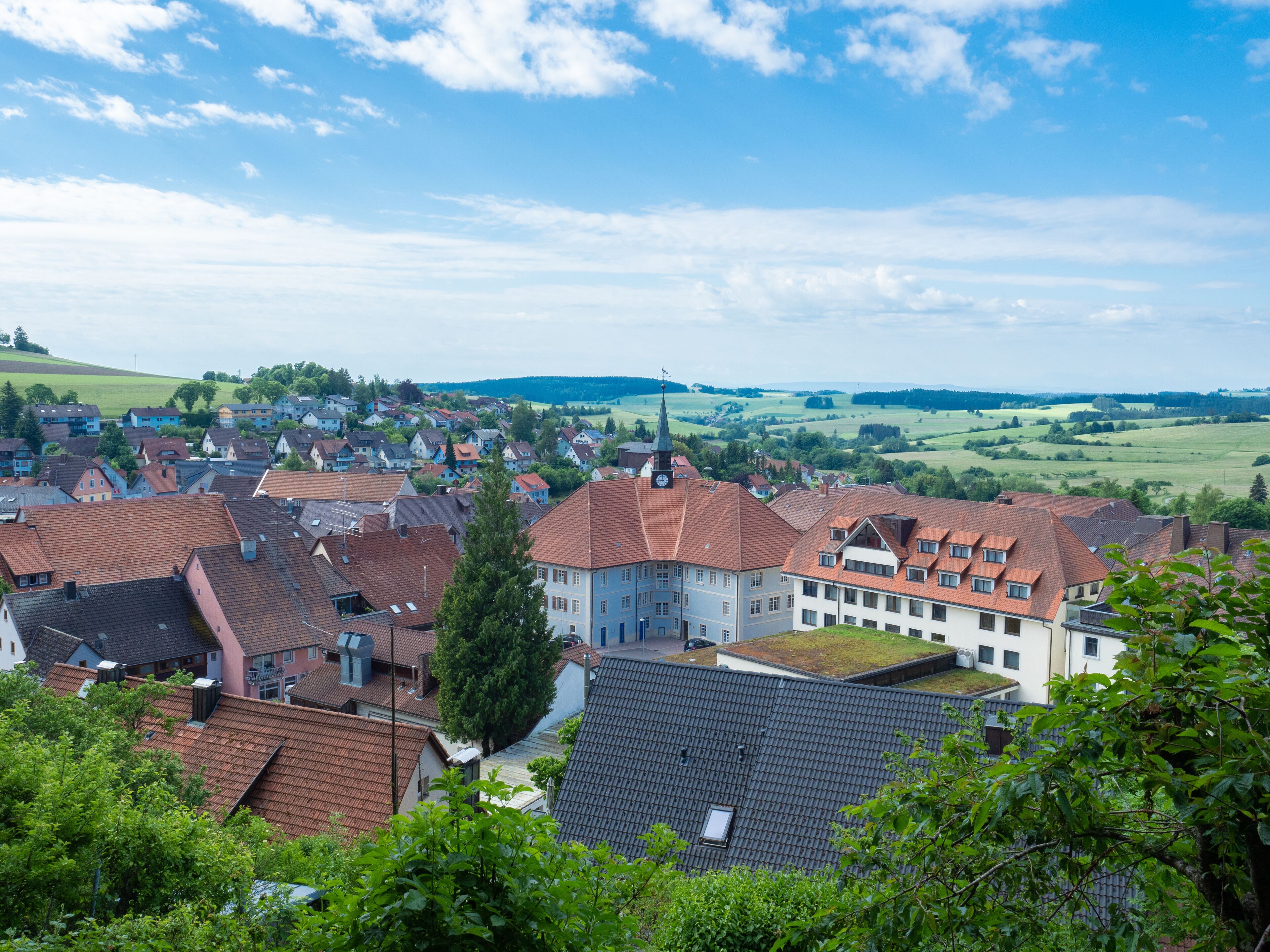 A town with red-roofed buildings, a church, and green fields in the background.
