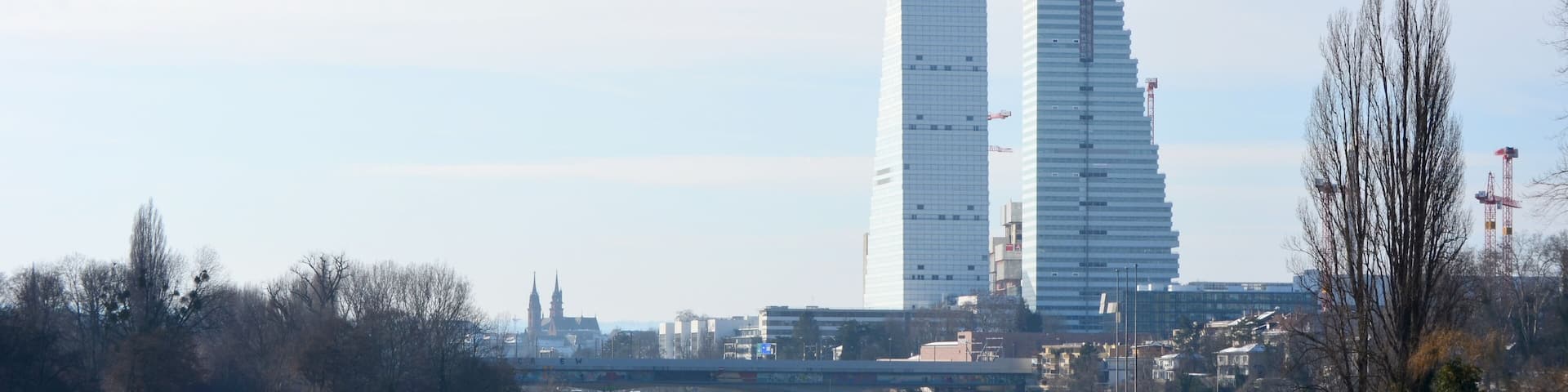 Vue sur Bâle depuis Birsfelden. Rhin, Roche Turm Bau 1 et 2, Schwarzwaldbrücke, Suisse
